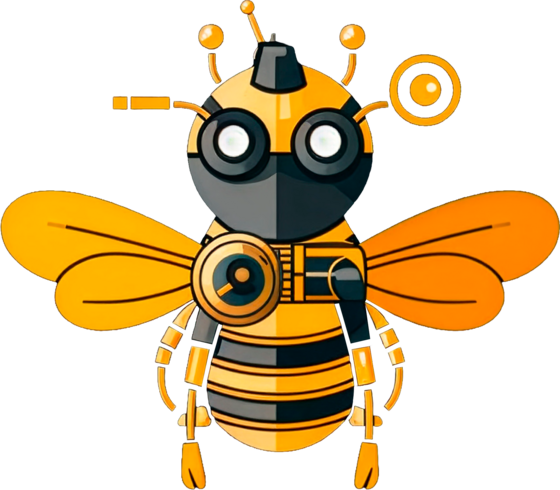 La abeja de Tiny Bee: una abeja mecánica de cuerpo amarillo y
                      gris con lentes redondos, un objetivo de cámara en el tórax y
                      una antena en la cabeza.